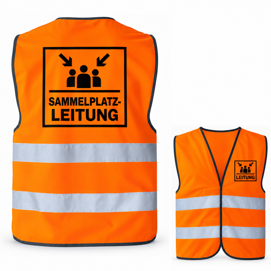 Sammelplatzleitung-Warnweste – Signal-Orange (Saum Schwarz) – Vorder- und Rückseite