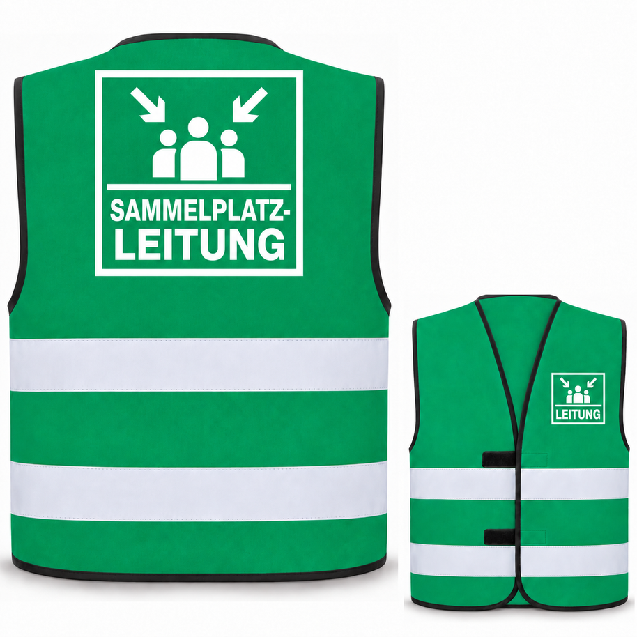 Sammelplatzleitung-Warnweste – Waldgrün – Vorder- und Rückseite