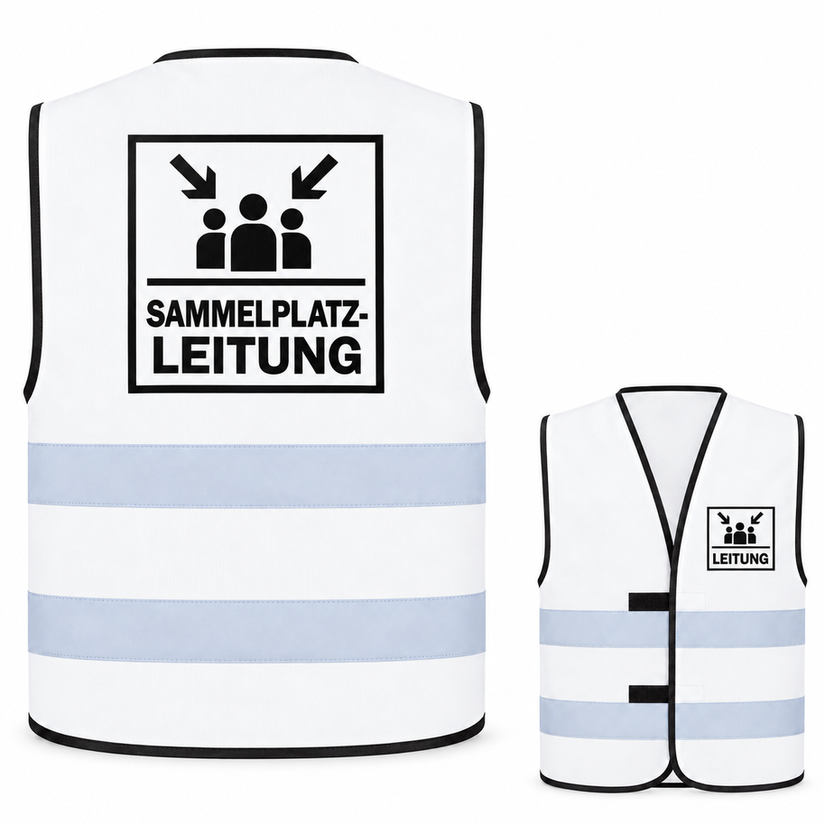 Sammelplatzleitung-Warnweste – Weiß – Vorder- und Rückseite