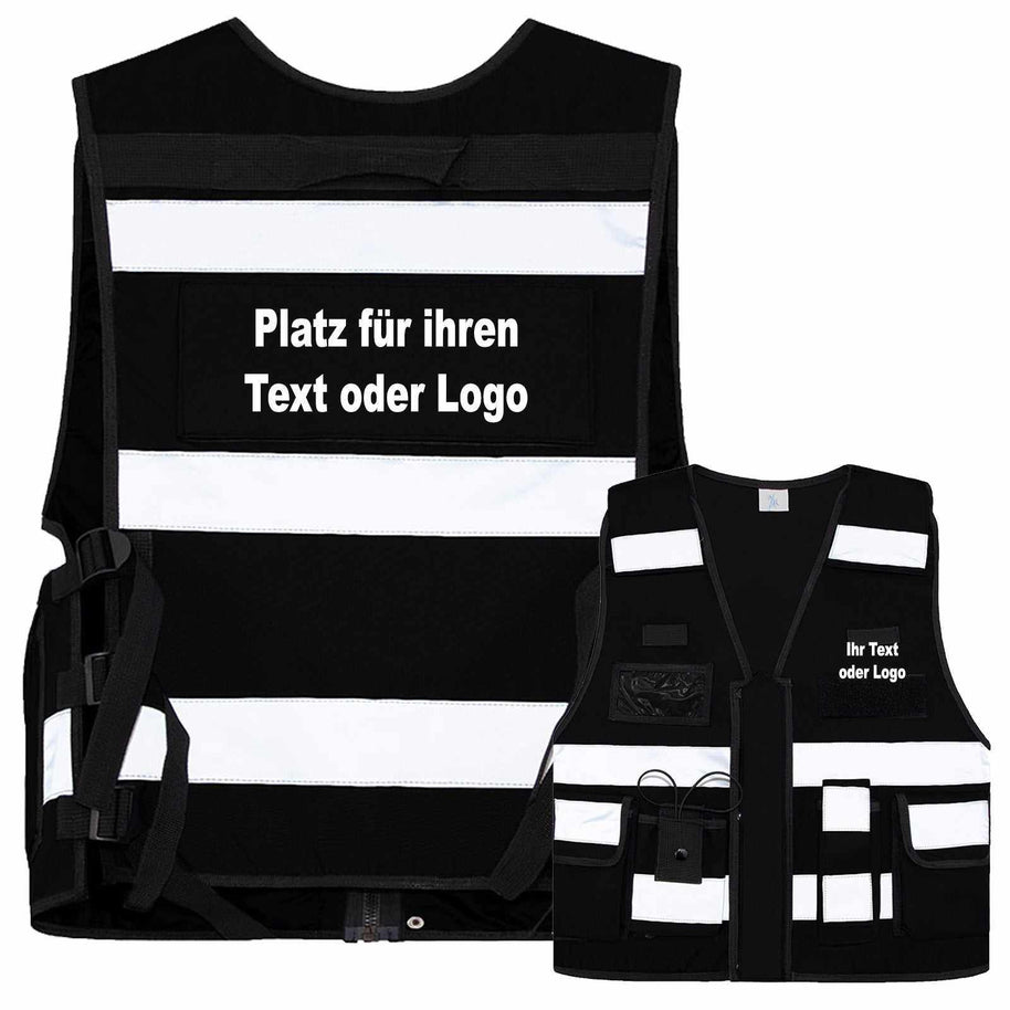schwarze Tactical Weste Bonn mit reflektierenden Streifen und individuellem Text- oder Logodruck