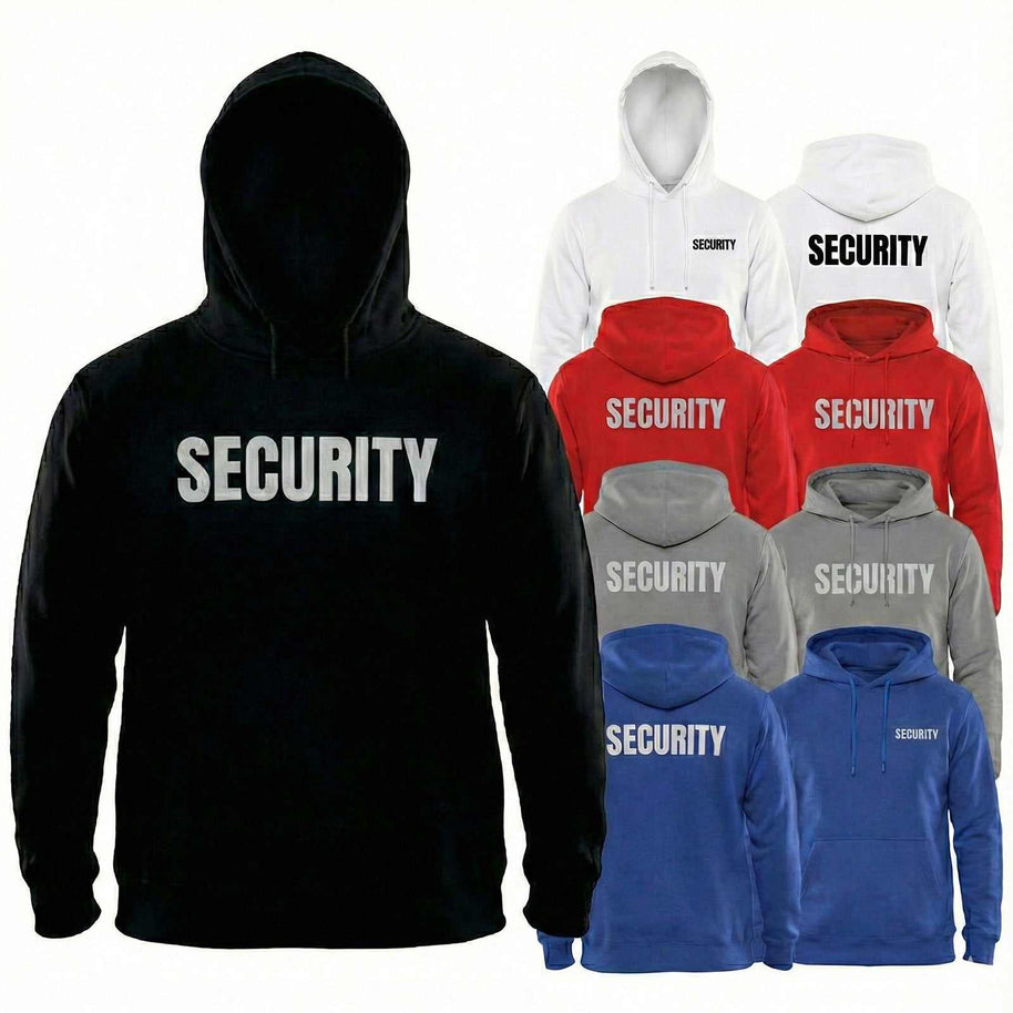 Black Security Hoodie Sol's with reflective or black/white DTF print, soft cotton-polyester blend, hood and front pocket, multiple colors and sizes