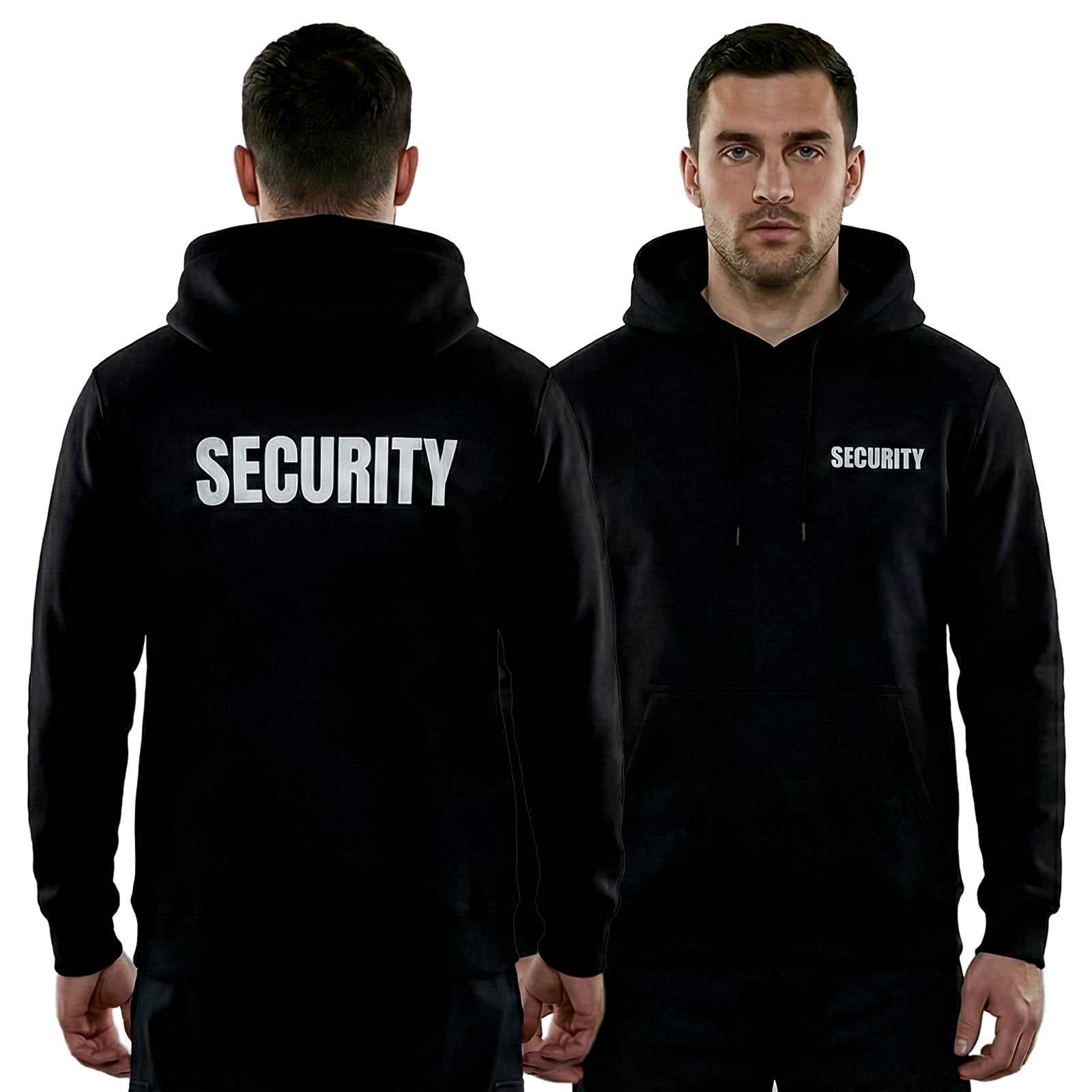 Black Security Hoodie Sol's with high-quality DTF print and reflective text, available in various colors and sizes