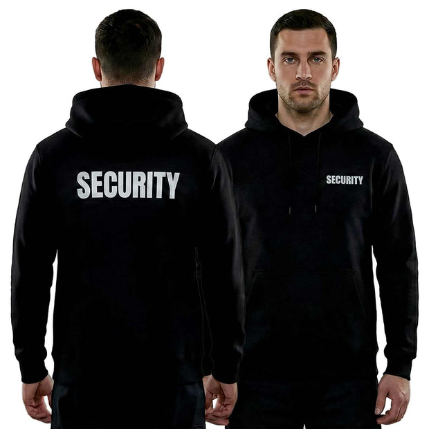 Black Security Hoodie Sol's with high-quality DTF print and reflective text, available in various colors and sizes