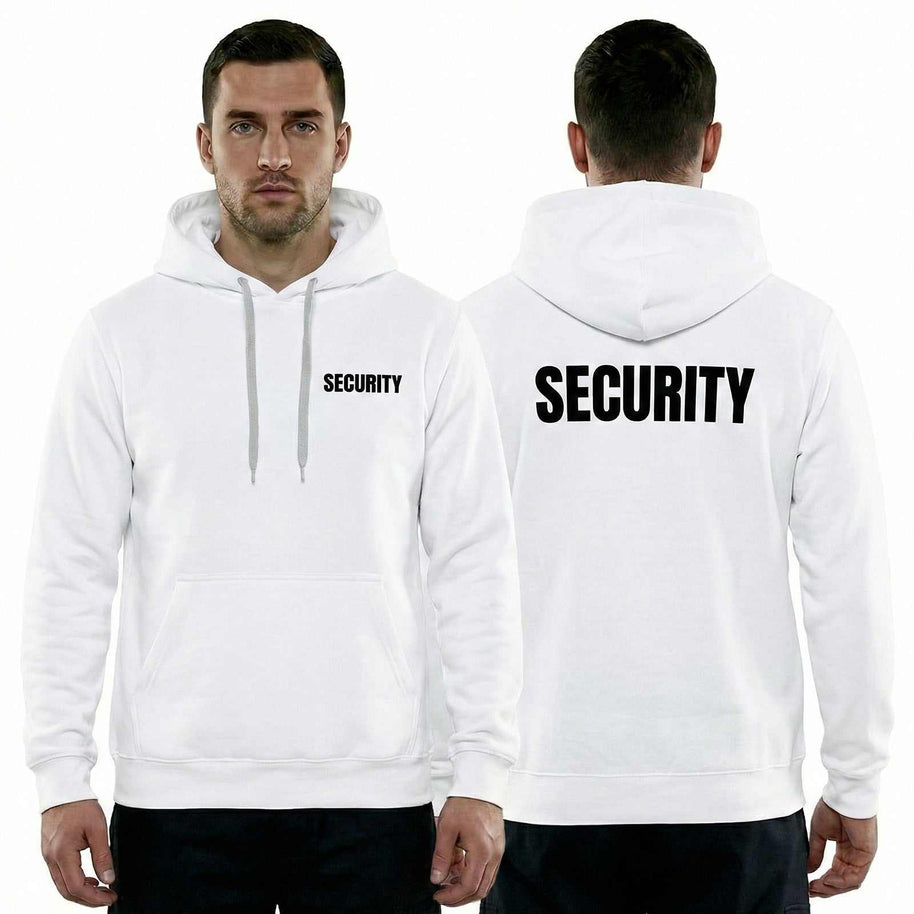 Black Security Hoodie Sol's with white reflective print and hood, soft cotton-polyester blend