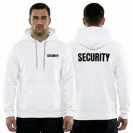 Black Security Hoodie Sol's with white reflective print and hood, soft cotton-polyester blend