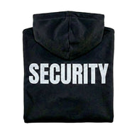 Black Security Hoodie Sol's with reflective or black/white print, soft cotton-polyester blend, available in various colors and sizes
