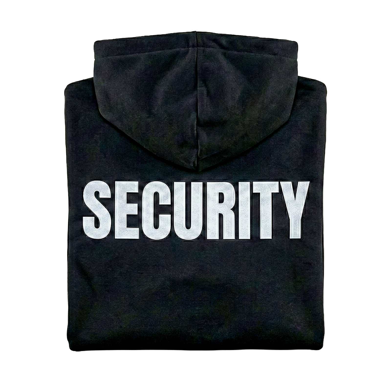 Black Security Hoodie Sol's with reflective or black/white print, soft cotton-polyester blend, available in various colors and sizes