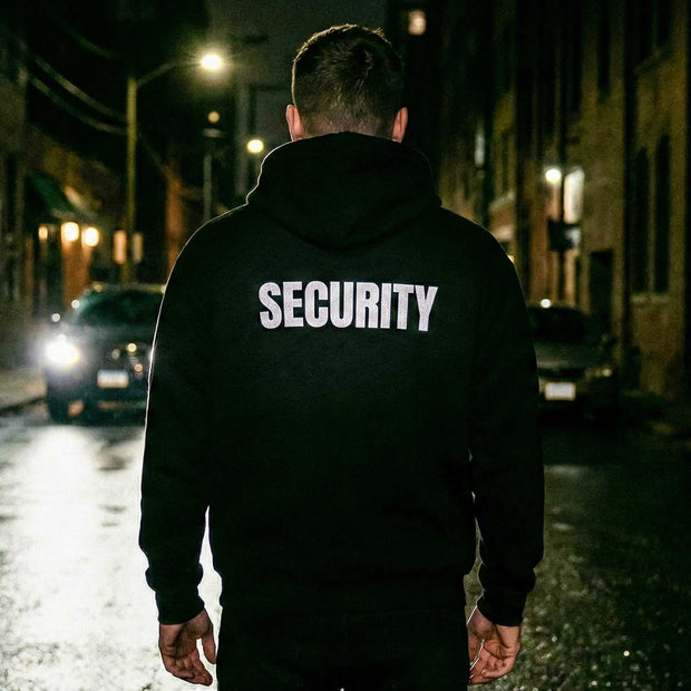 Black Security Hoodie Sol's Snake with reflective or black/white print, soft cotton-polyester blend, various colors and sizes