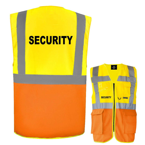 Multifunktionsweste mit Taschen, Reißverschluss, Security-Aufdruck, gelb-orange, reflektierende Warnweste, Korntex, zertifiziert EN ISO 20471