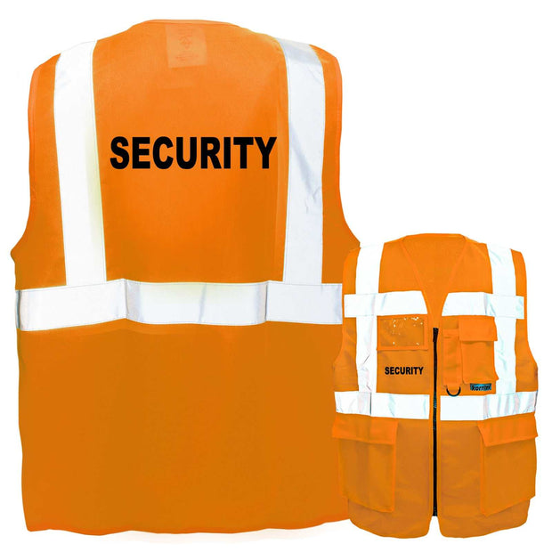 Orange Security Multifunktionsweste mit Taschen, Reißverschluss und reflektierenden Streifen, viele Farben und Größen erhältlich