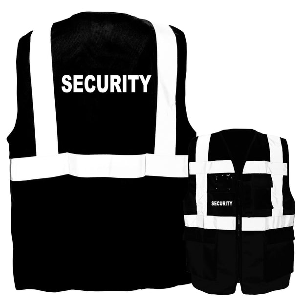 Schwarze Multifunktionsweste mit Taschen, Reißverschluss und Security-Aufdruck, weiße Reflexstreifen, zertifizierte Warnweste für Sicherheit.