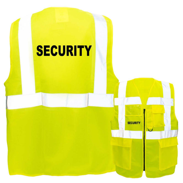 Gelbe Multifunktionsweste mit Taschen, Reißverschluss und Security-Aufdruck, reflektierende Sicherheitsweste in verschiedenen Größen und Farben