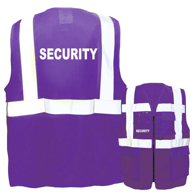 Purple security multifunction vest with reflective stripes, pockets, and zipper, customizable print options available