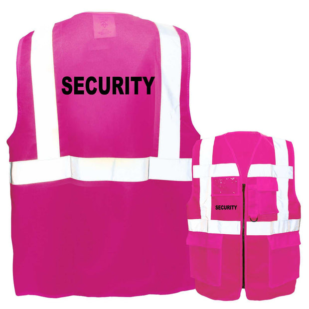 Pink Security-Multifunktionsweste mit Taschen, Reißverschluss und reflektierenden Streifen in Sicherheitswarnwestendesign