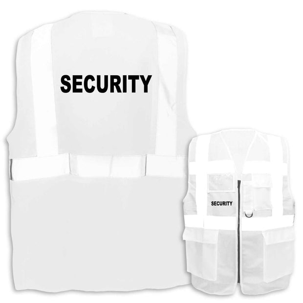 weiße Security-Multifunktionsweste mit reflektierenden Streifen, Taschen und Reißverschluss, Sicherheitswarnweste für hohe Sichtbarkeit