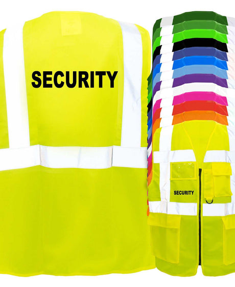 Security-Multifunktionsweste in vielen Farben mit Taschen, Reißverschluss und Security-Aufdruck, reflektierend und zertifiziert.