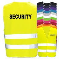 Warnwesten mit Aufdruck Security in verschiedenen Farben und Größen mit zwei reflektierenden Leuchtstreifen
