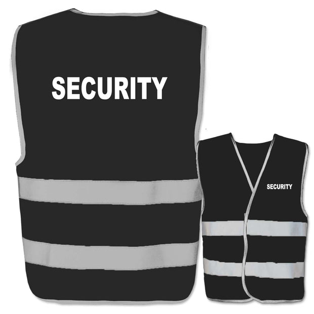 Warnwesten mit Aufdruck Security in verschiedenen Farben und Größen mit zwei Leuchtstreifen und reflektierendem Druck