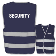 Sicherheitswarnweste mit Aufdruck Security und zwei Leuchtstreifen in verschiedenen Farben und Größen