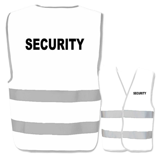 weiße Warnweste mit Aufdruck Security und zwei reflektierenden Leuchtstreifen, verschiedene Größen und Farben erhältlich