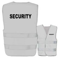 Warnwesten mit Aufdruck Security in verschiedenen Farben und Größen mit retroreflektierendem Druck und Klettverschluss