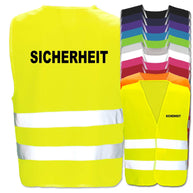 Gelbe Warnweste mit Aufdruck Sicherheit und zwei Leuchtstreifen in verschiedenen Farben und Größen