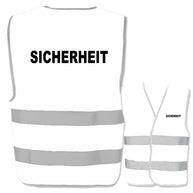 Sicherheitswarnweste mit Aufdruck und zwei Leuchtstreifen in verschiedenen Farben und Größen
