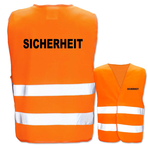 Orange Sicherheit Warnwesten mit Aufdruck und zwei reflektierenden Streifen in verschiedenen Größen