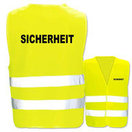 Warnwesten mit Aufdruck Sicherheit in verschiedenen Farben und Größen mit zwei Leuchtstreifen und individuellem Druck
