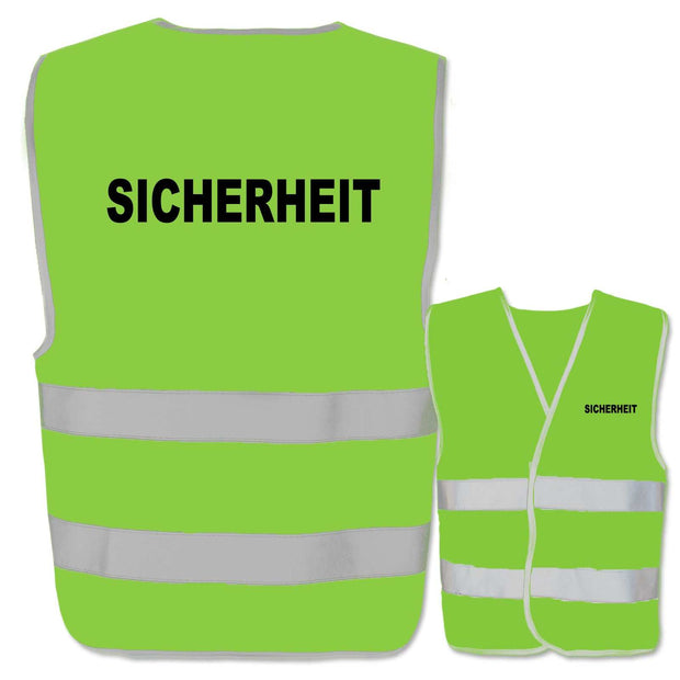 Warnwesten mit Aufdruck Sicherheit in verschiedenen Farben und Größen mit reflektierenden Leuchtstreifen