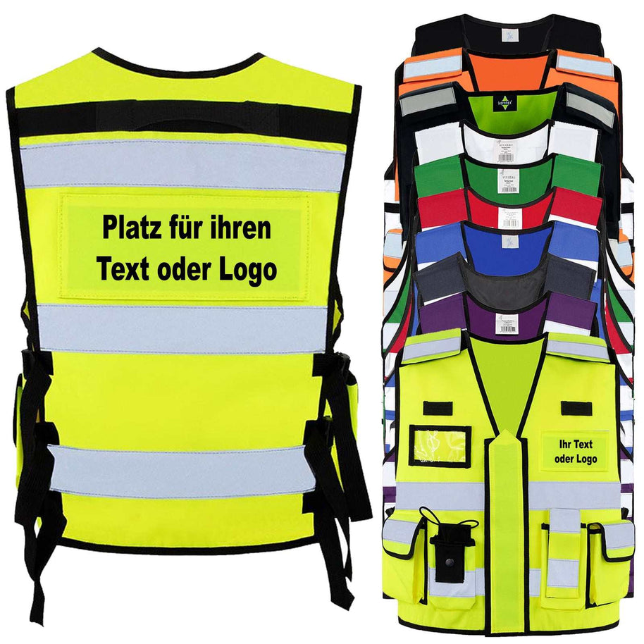 Tactical Weste Bonn aus dickem Stoff mit vielen Taschen, Patches und Flauschband, ideal für Security und Einsatzkräfte, optional bedruckbar