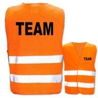 Team Warnwesten mit Aufdruck, zwei Leuchtstreifen, verschiedene Farben und Größen, reflektierend und zertifiziert