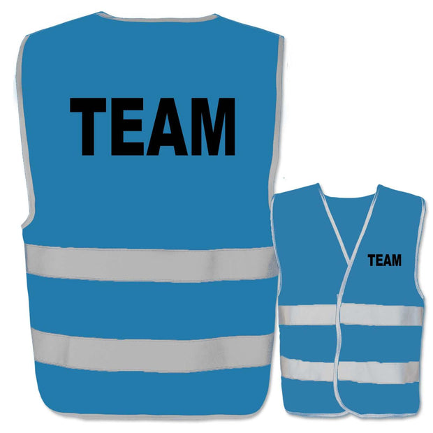 Blaue Warnwesten mit Aufdruck TEAM und zwei reflektierenden Leuchtstreifen, verschiedene Größen und Farben available