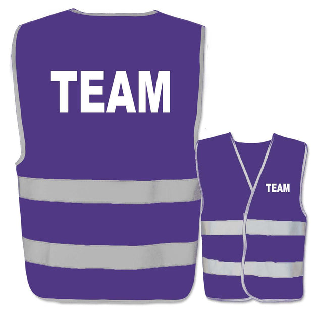 Warnweste mit Aufdruck TEAM in lila mit zwei Leuchtstreifen, viele Farben und Größen verfügbar