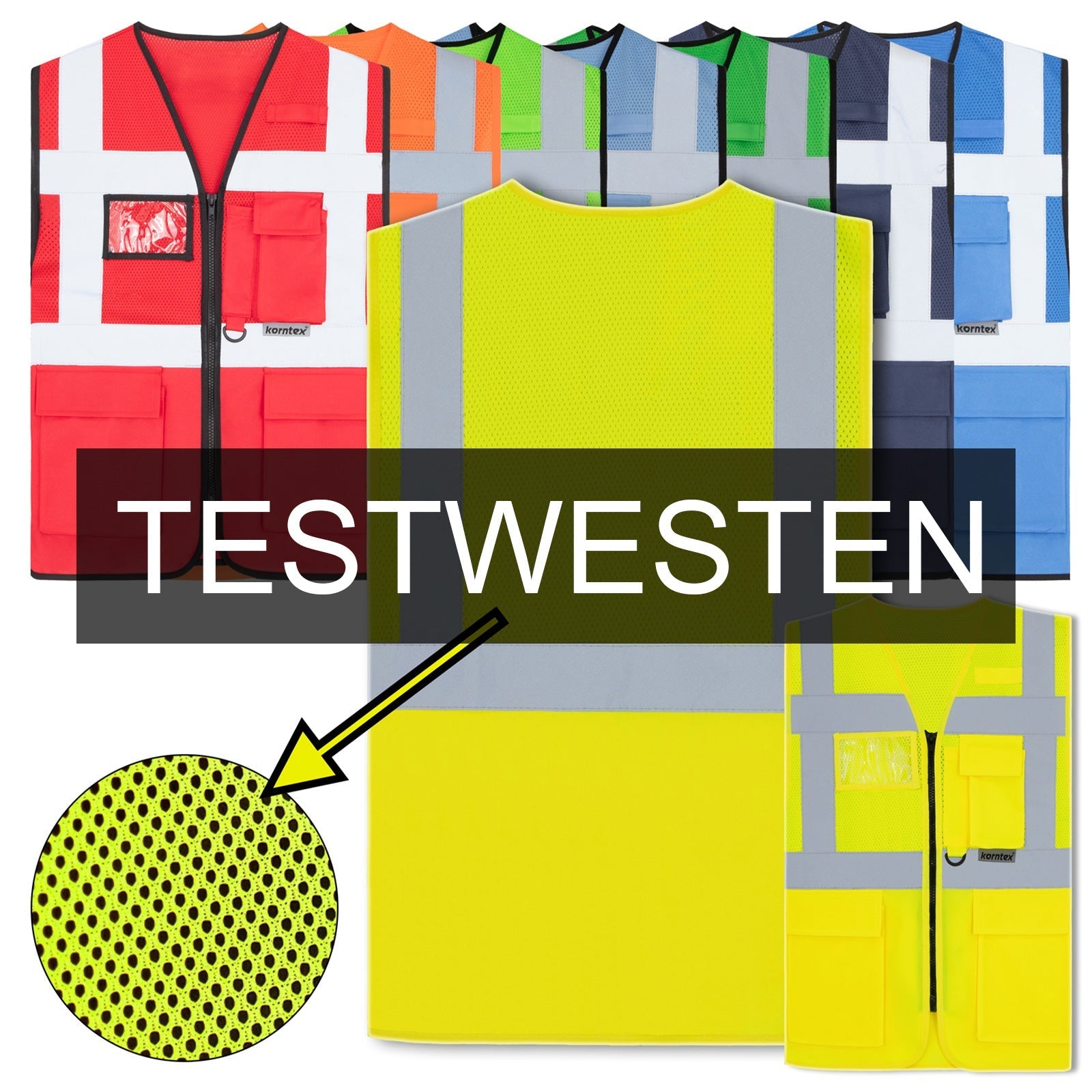 Test-Mesh-Multifunktionsweste mit Taschen, Reißverschluss und Leuchtstreifen in verschiedenen Größen
