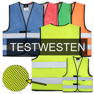 Test-Mesh Warnwesten unbedruckt in verschiedenen Größen mit Leuchtstreifen und Standarddruck für schwarze Motive