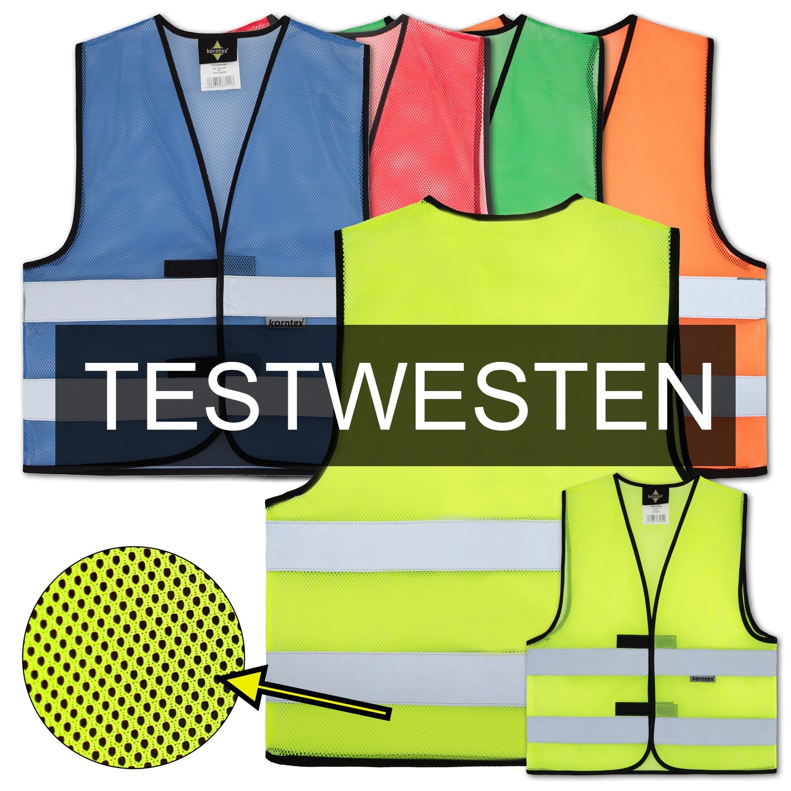 Test-Mesh Warnwesten unbedruckt in verschiedenen Größen mit Leuchtstreifen und Standarddruck für schwarze Motive