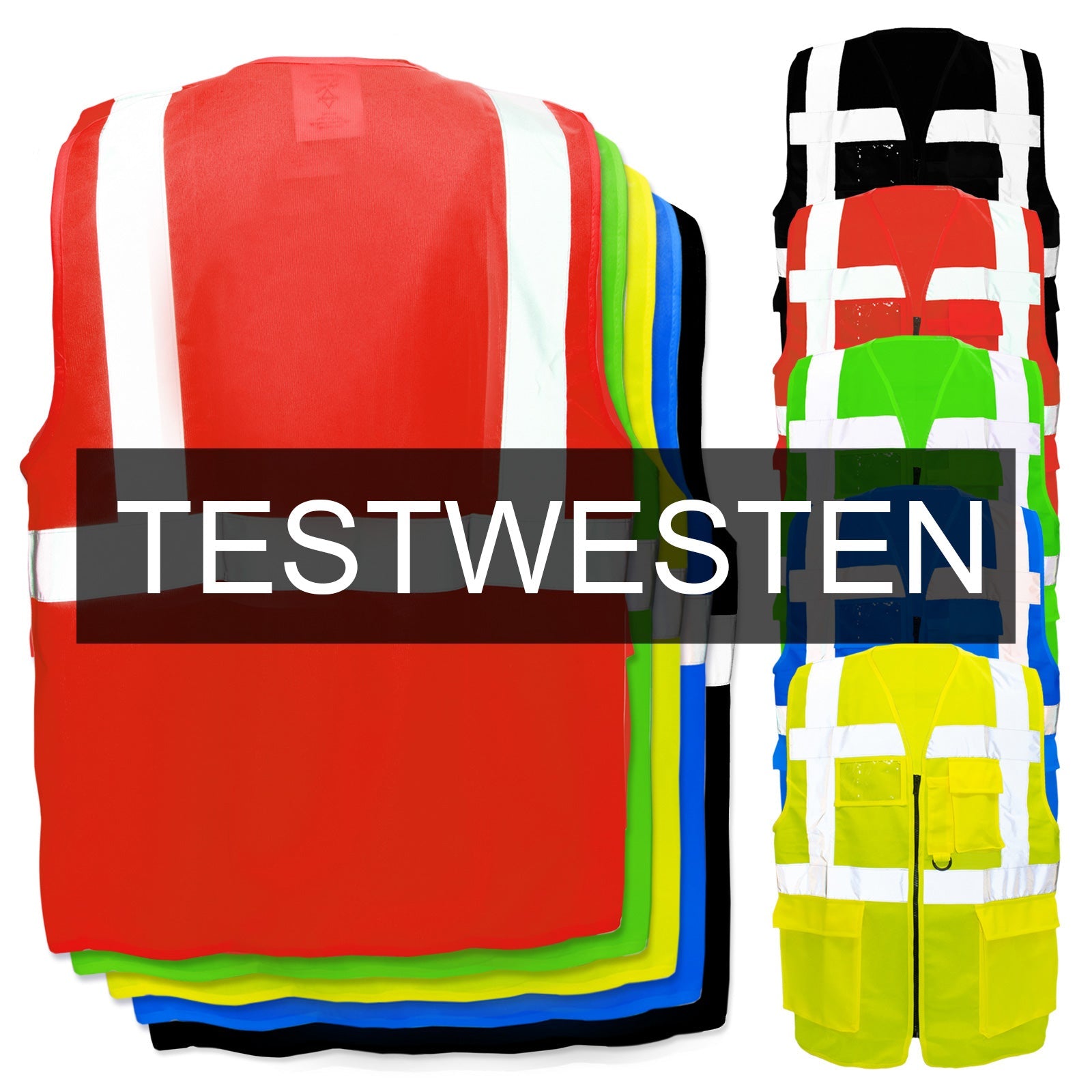 Test-Multifunktionsweste mit Taschen, Reißverschluss und Leuchtstreifen in verschiedenen Farben und Größen