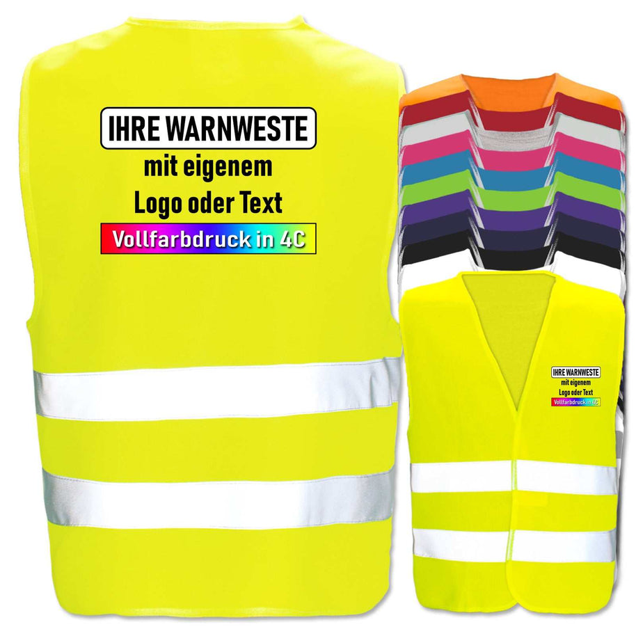 Warnwesten mit zwei Leuchtstreifen in verschiedenen Farben und Größen, individuell bedruckbar, geeignet für Sicherheit und Arbeitskleidung