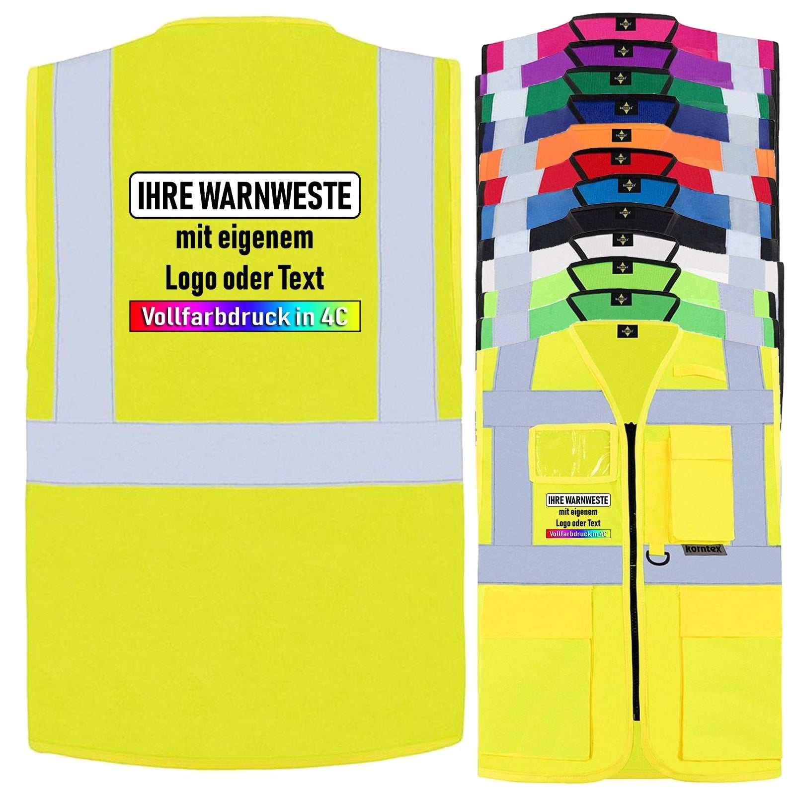 Korntex Multifunktionsweste Berlin mit Reißverschluss, Taschen und Leuchtstreifen in verschiedenen Farben und Größen