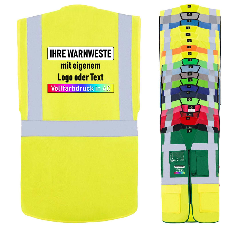 Multifunktionsweste Hamburg mit Reißverschluss, Taschen, Sichtfenster, Leuchtstreifen in verschiedenen Farben und Größen, optional mit individuellem Druck