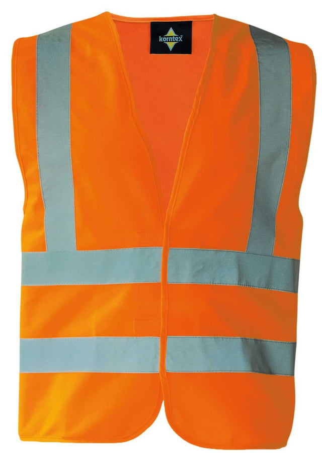 Orange Korntex KXVR high-visibility warning vest with four reflective shoulder and front-back connecting stripes, featuring front Velcro closure and optional custom printing
