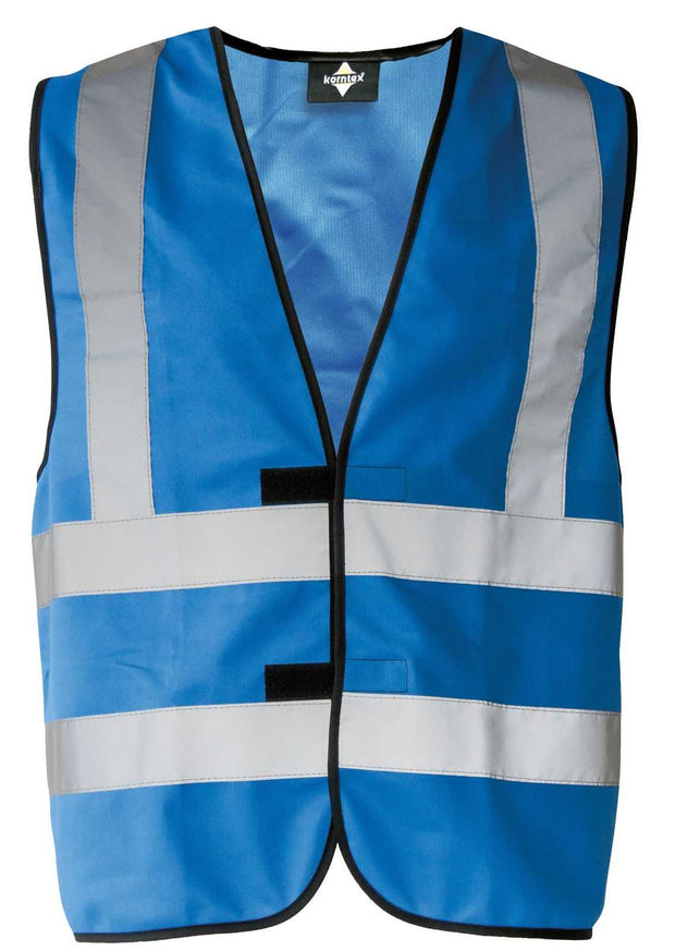 Blaue Warnweste Korntex KXVR mit reflektierenden 4-Streifen und Klettverschluss, zertifiziert nach EN ISO 20471, mit Schulterstreifen.