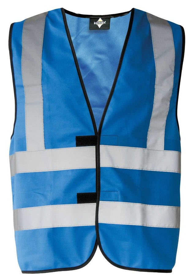 Blaue Warnweste Korntex KXVR mit reflektierenden 4-Streifen und Klettverschluss, zertifiziert nach EN ISO 20471, mit Schulterstreifen.