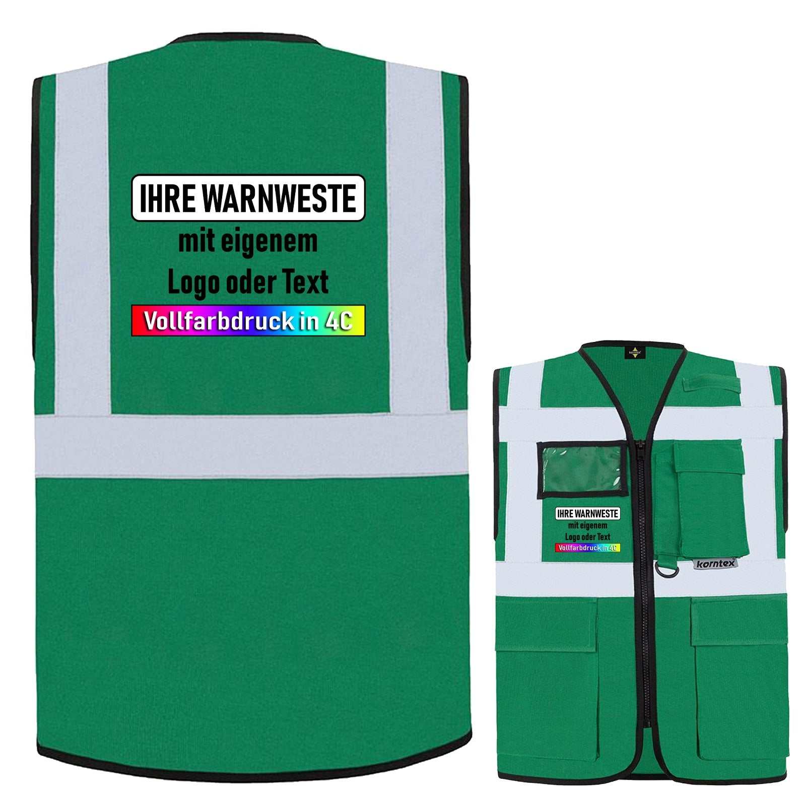 Korntex Multifunktionsweste Berlin mit Taschen, Reißverschluss und Leuchtstreifen in verschiedenen Größen und Farben.