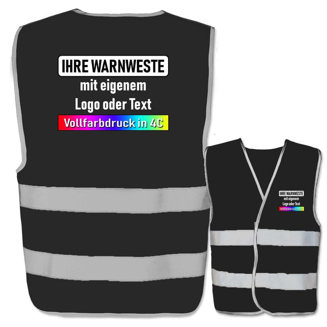 Schwarze Warnweste mit zwei Leuchtstreifen und Klettverschluss, individuell bedruckbar, zertifiziert nach EN ISO 20471