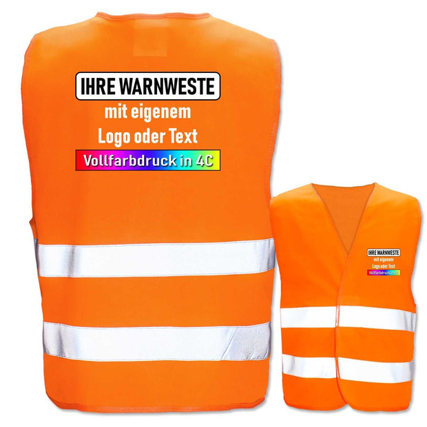 Orange Warnwesten mit zwei Leuchtstreifen und optionalem Vollfarbdruck in 4C, individuell bedruckbar, mit Klettverschluss