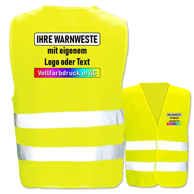 Warnwesten mit zwei Leuchtstreifen und Klettverschluss, individuell bedruckbar in vielen Größen und Farben