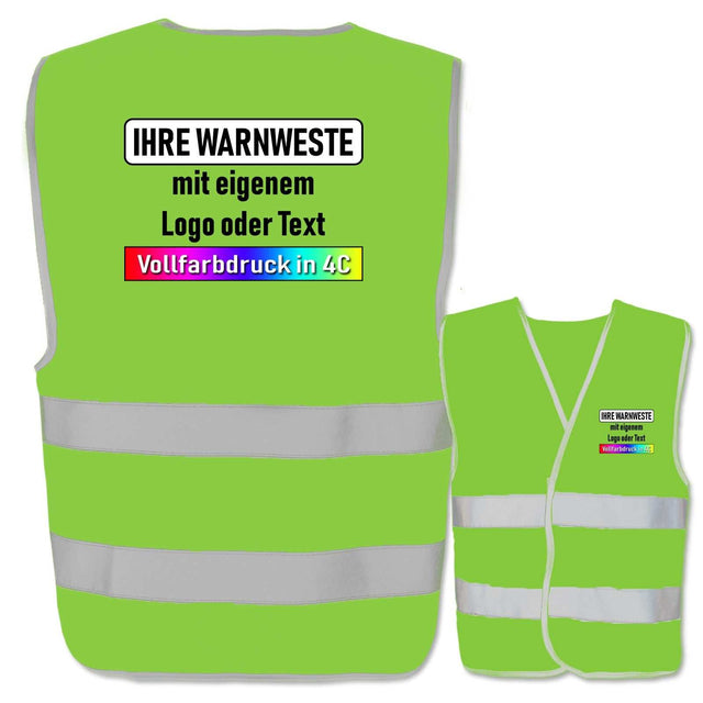 Leuchtgrüne Warnweste mit zwei reflektierenden Leuchtstreifen und individuellem Vollfarbdruck in 4C