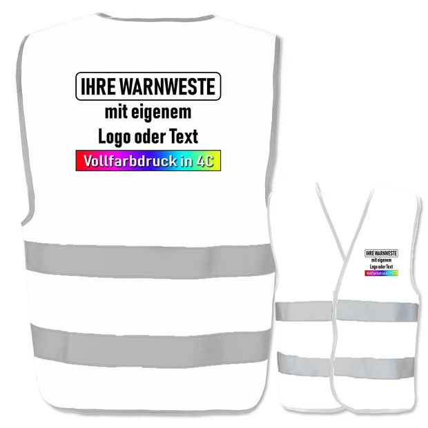 Weiße Warnwesten mit zwei Leuchtstreifen und individuellem Vollfarbdruck in 4C auf der Rückseite